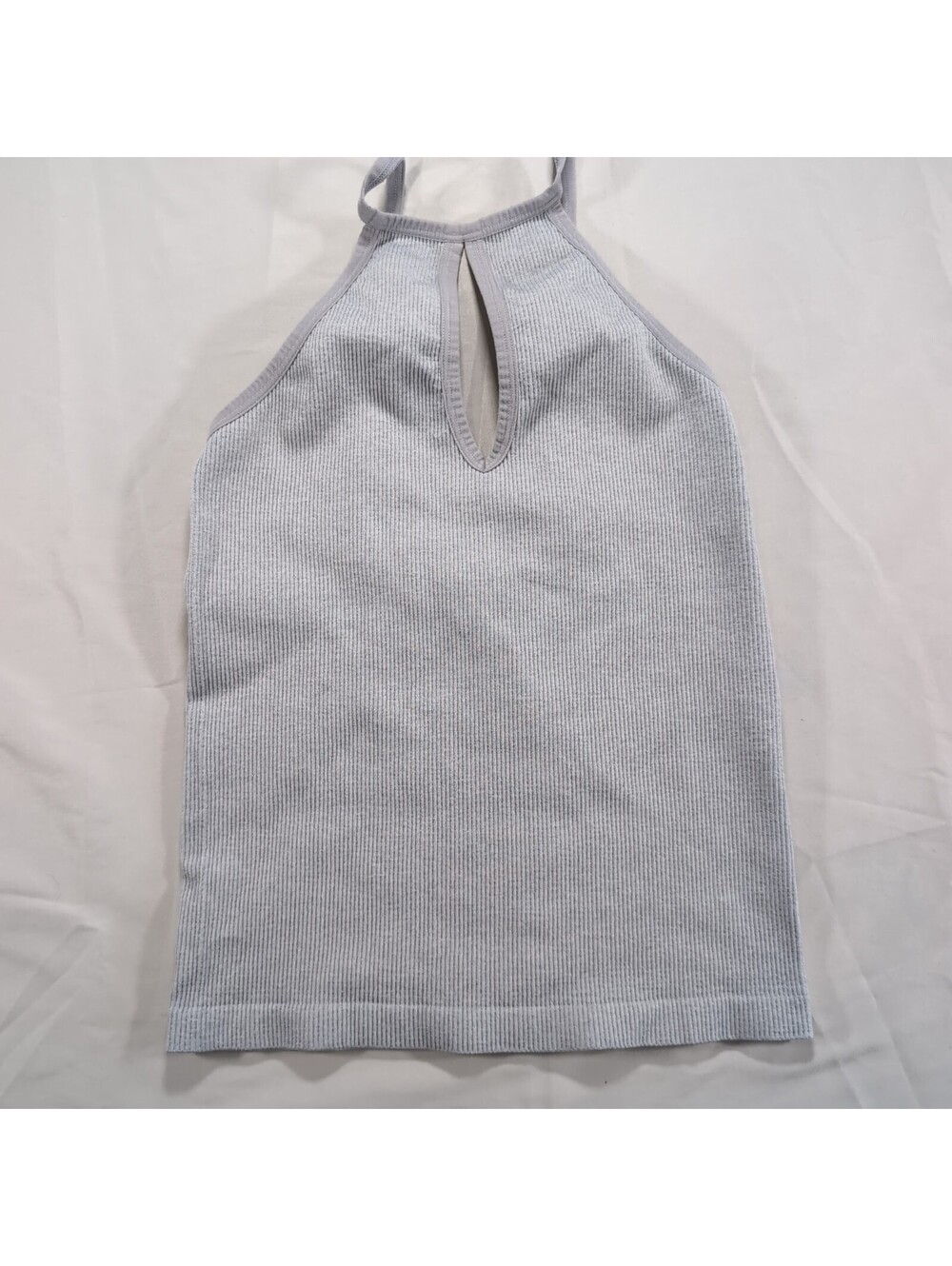 Light Gray Ribbed Halter Tank Top with Keyhole Neckline